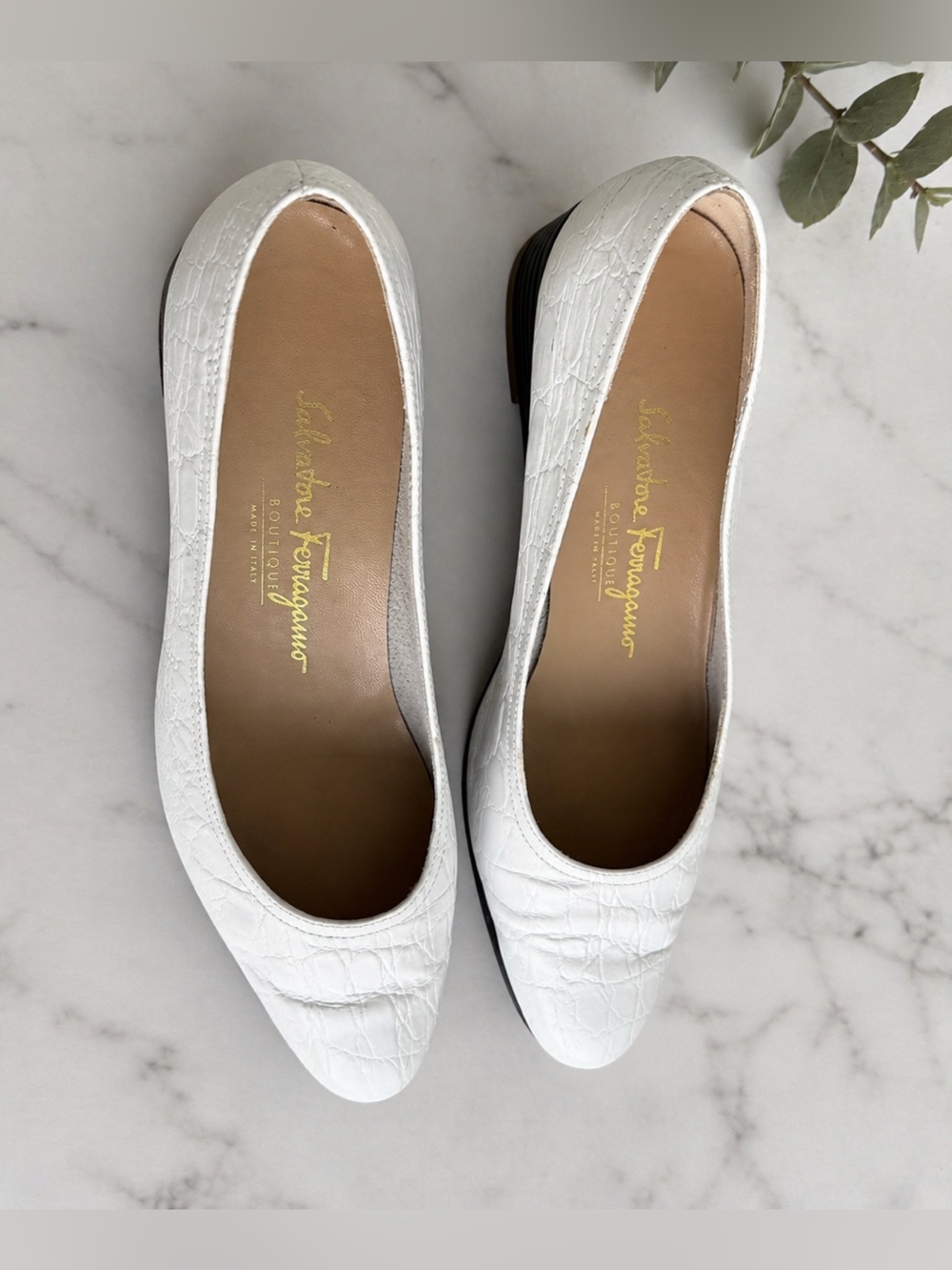 Salvatore Ferragamo Boutique White Embossed Leather Wedge Pumps 9AA Italy